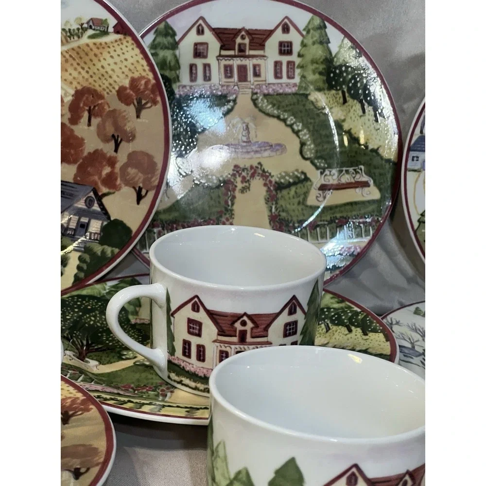 16 PC GIBSON 2 SALAD PLATES AND 2 CUPS. FARM SCENE 4 DESIGNS (2319)‎